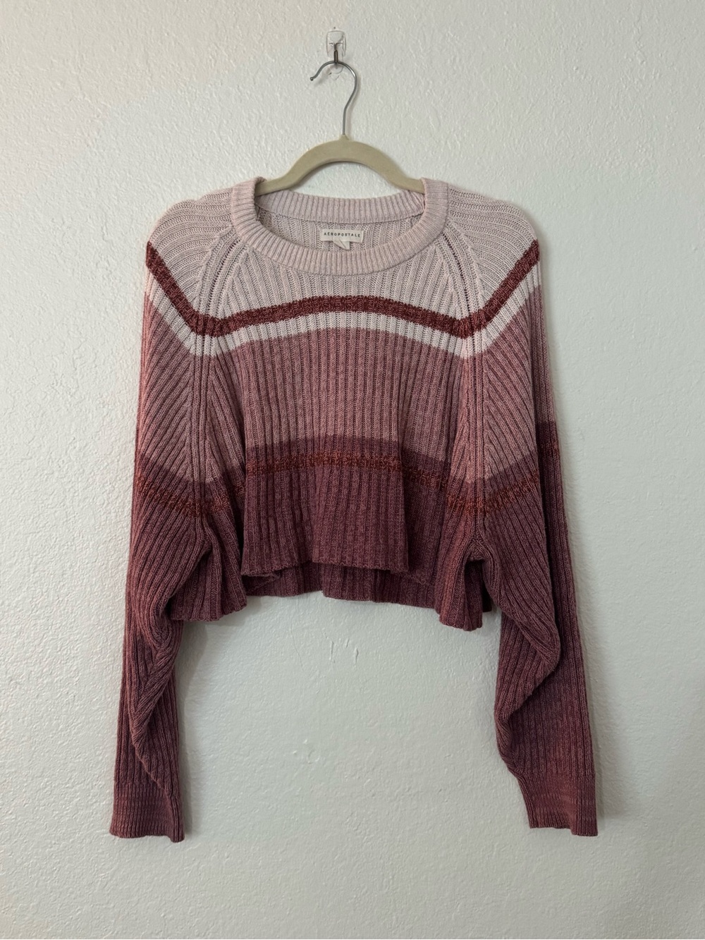Aeropostale Pink and Rose Striped Cropped Crewneck Sweater